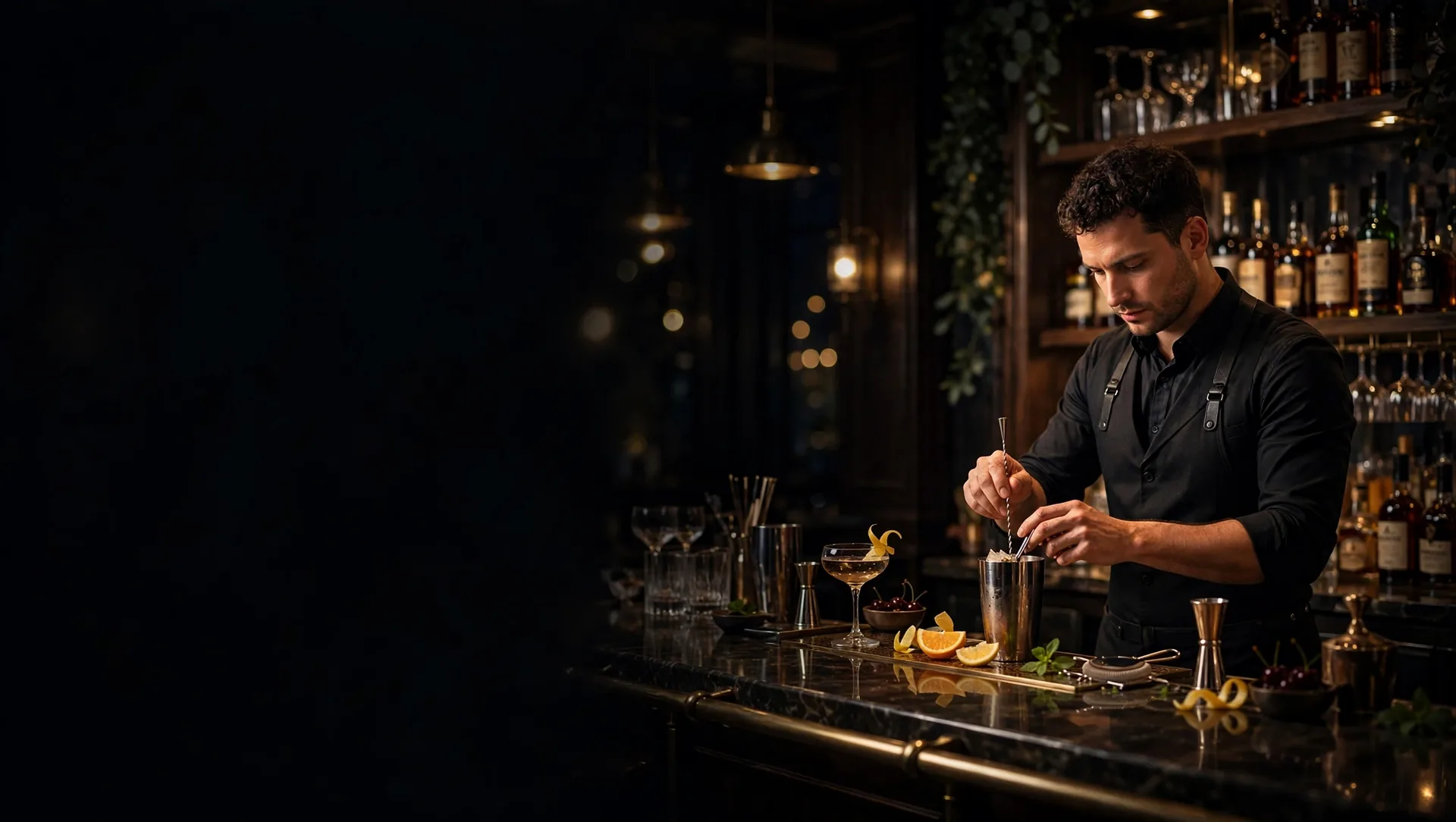 Bartender preparing cocktails behind a polished bar