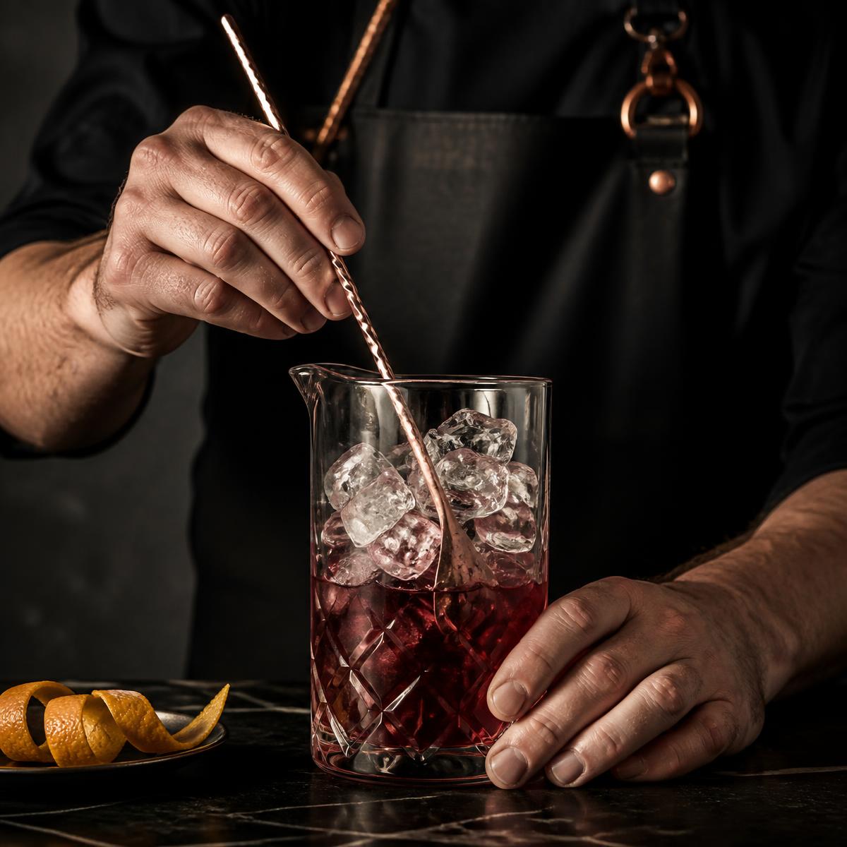 Bartender stirring a burgundy cocktail with a copper bar spoon