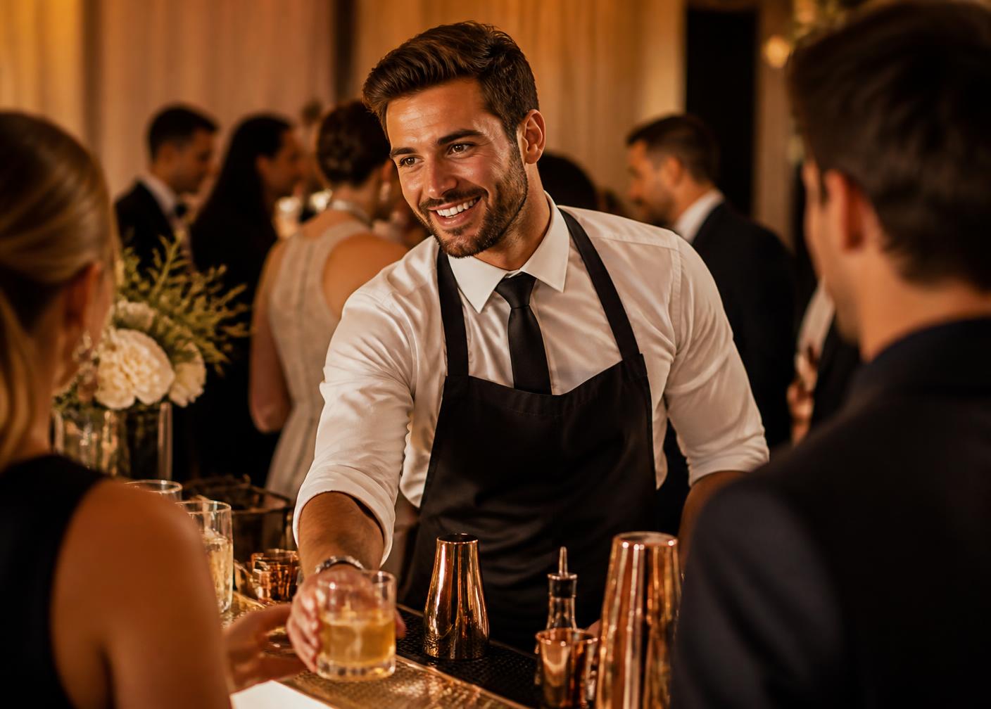 A bartender serving guests at a private event bar