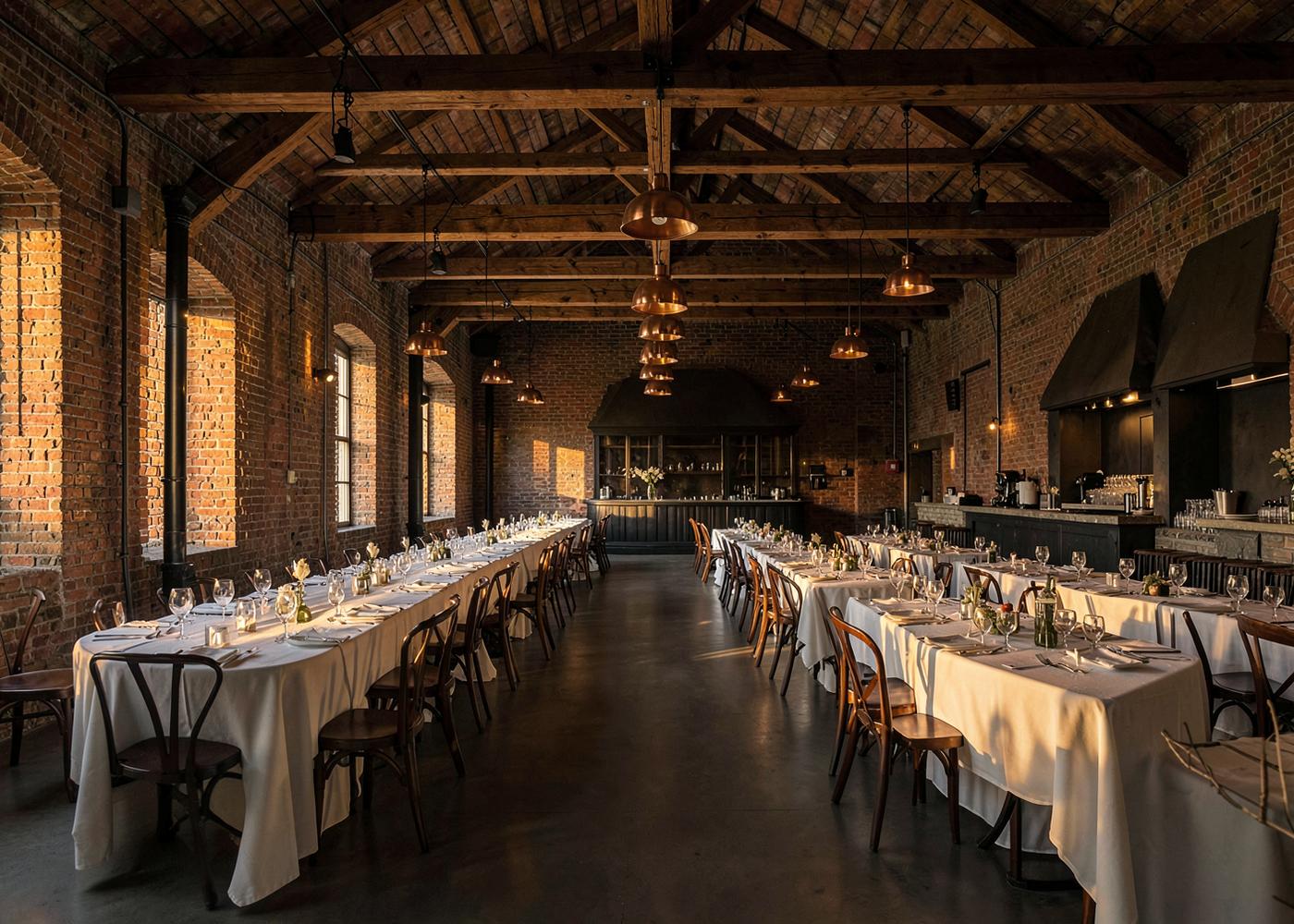 Long banquet tables set with linen and glassware in a brick and timber event space